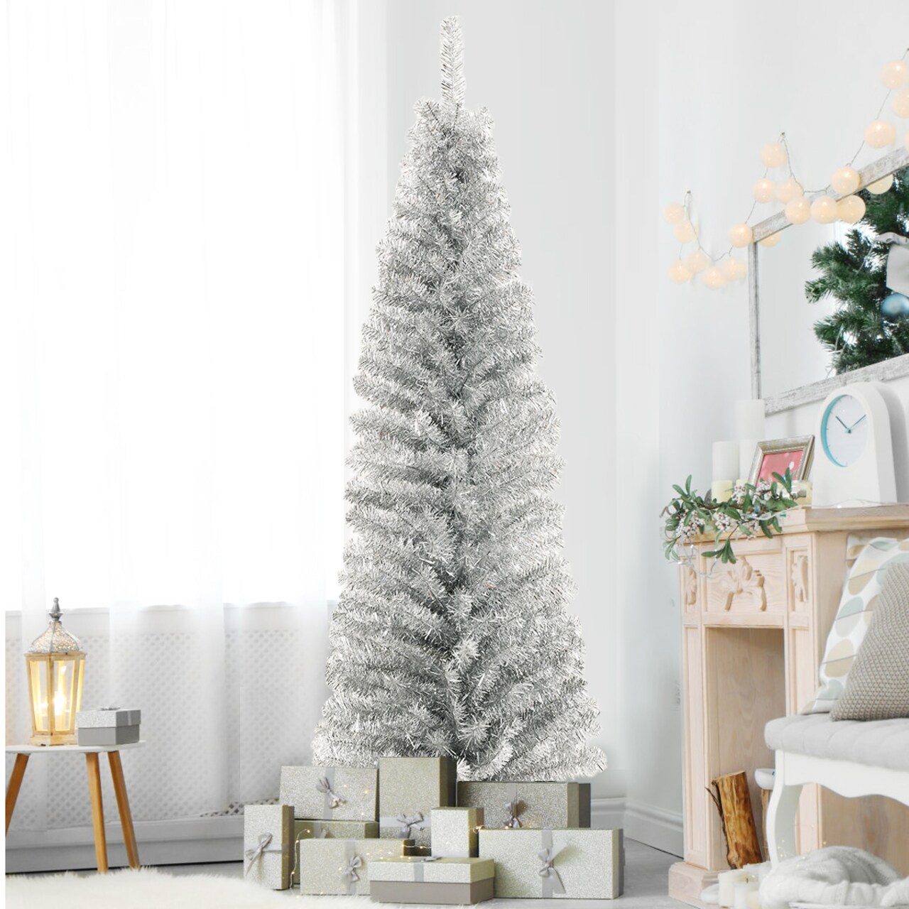 6Ft Pencil Artificial Christmas Tree (Blue/Champagne/Silver)